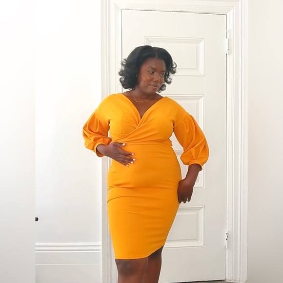 Yellow Mustard Bodycon Wrap Front Dress With Tie Long Sleeve in size (XL) - Picture 5 of 5